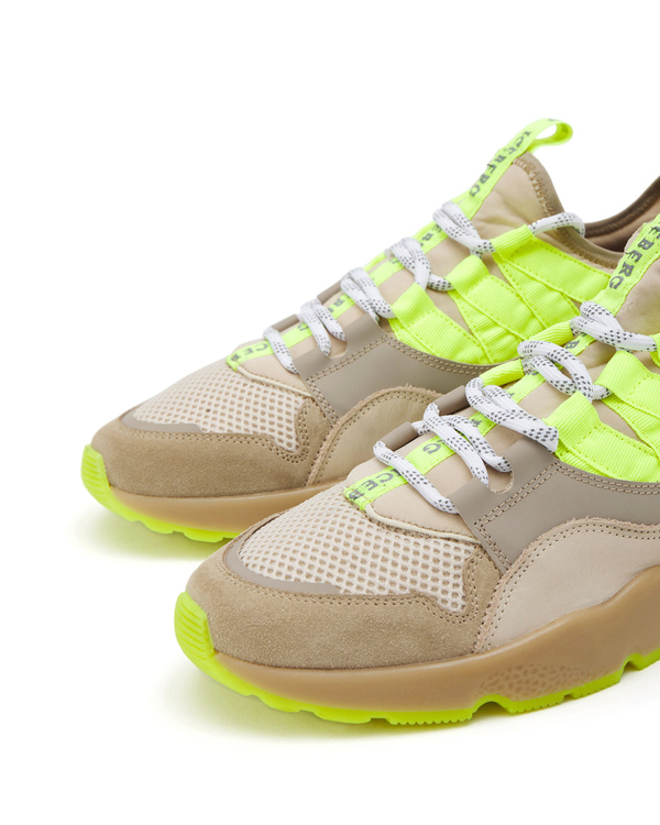 Brown and beige leather Iceberg sneakers with fluro-yellow detail - Iceberg - Official Website