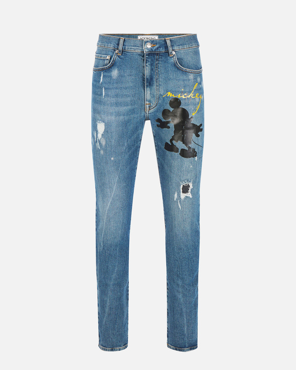 Mid-blue denim skinny Iceberg jeans with Mickey Mouse silhouette - Iceberg - Official Website