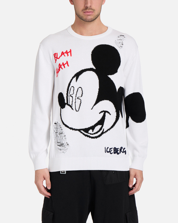 Pullover da uomo bianco con Mickey Mouse a intarsio e rotture - Iceberg - Official Website