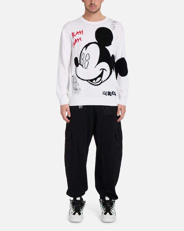 Pullover da uomo bianco con Mickey Mouse a intarsio e rotture - Iceberg - Official Website