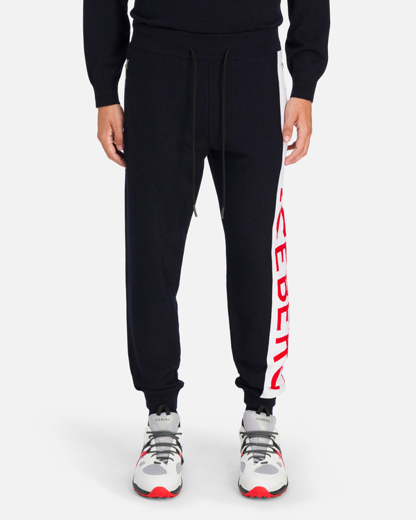 Pantaloni sportivi da uomo blu con banda laterale logata | Iceberg