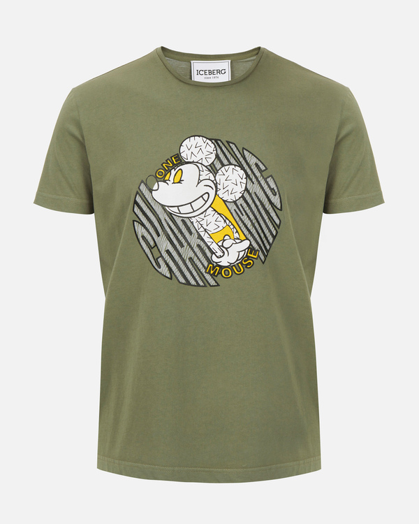 T-shirt da uomo verde militare con stampa di Topolino - Iceberg - Official Website