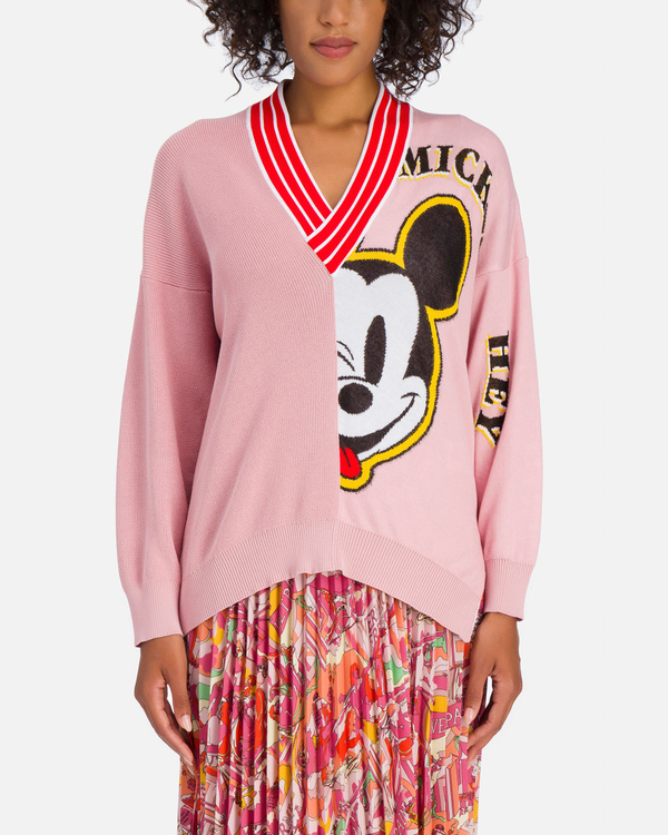 Pullover rosa da donna con scollo a V e Mickey Mouse - Iceberg - Official Website