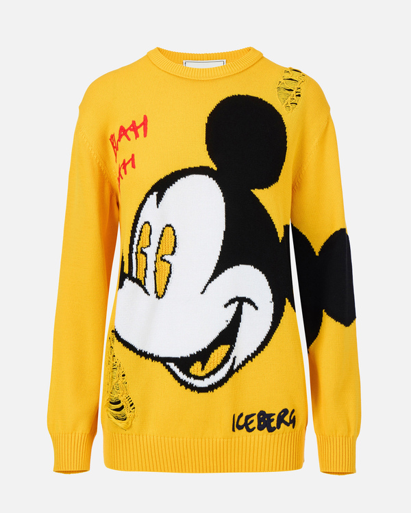 Pullover giallo da donna in cotone con Mickey Mouse a intarsio - Iceberg - Official Website