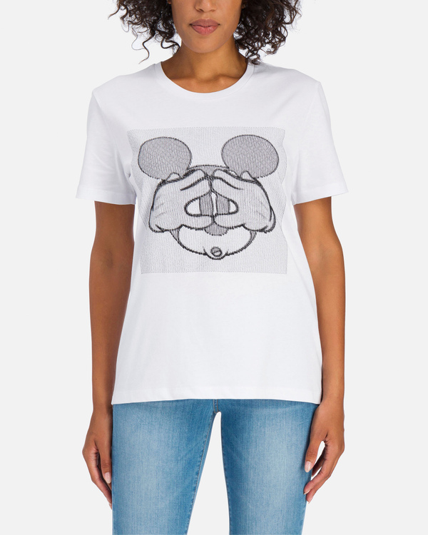 T-shirt bianca da donna in jersey con ricamo Mickey Mouse - Iceberg - Official Website