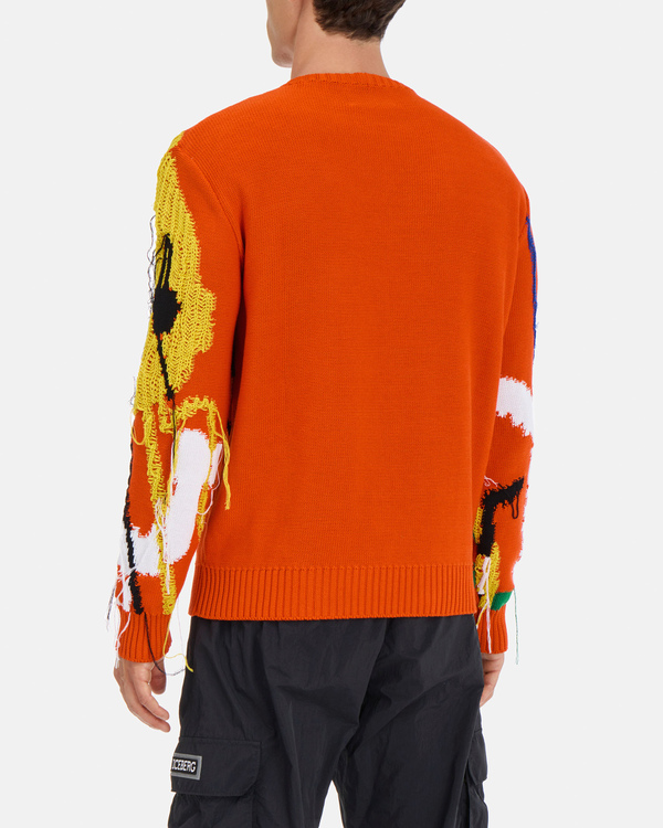 Men's orange-red cotton crew neck sweater with blurry flowers macro graphics - Iceberg - Official Website