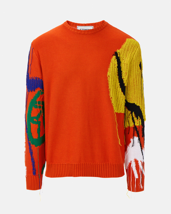 Men's orange-red cotton crew neck sweater with blurry flowers macro graphics - Iceberg - Official Website