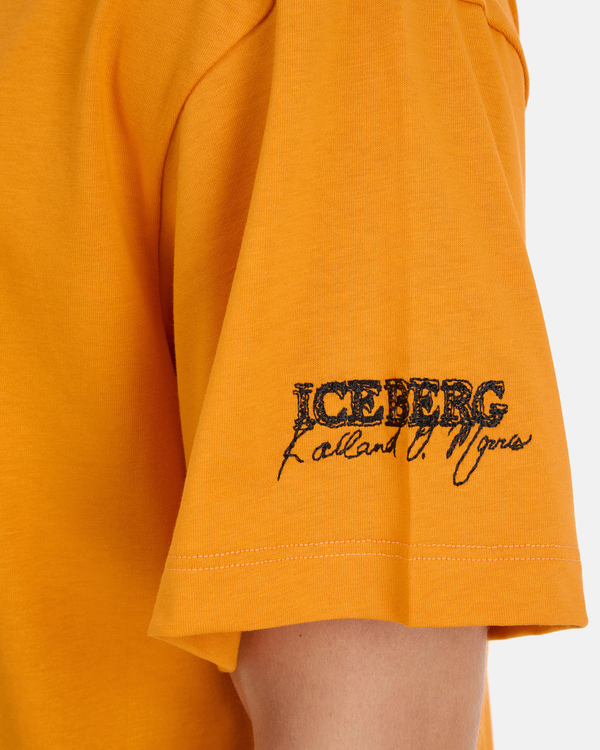 Men's orange oversized cotton jersey t-shirt with an "iceberg blurry flowers" graphic - Iceberg - Official Website