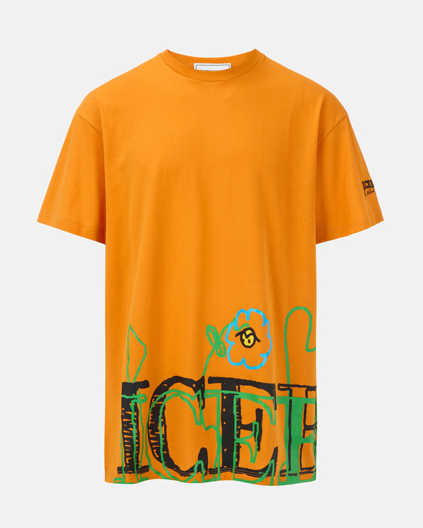 Men's orange oversized cotton jersey t-shirt with an "iceberg blurry flowers" graphic - Iceberg - Official Website