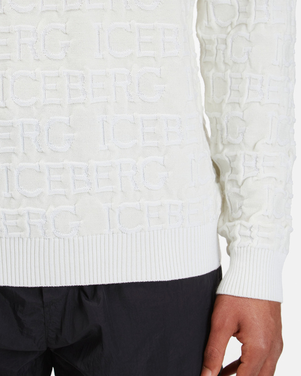 Men's milk white crew neck pullover with embroidered logo - Iceberg - Official Website