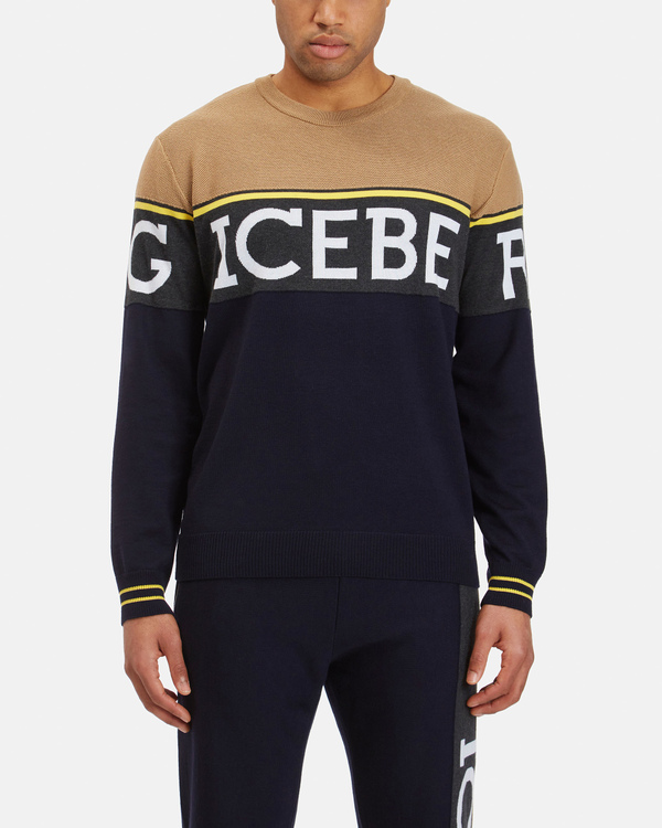 Men's crew neck multicolour wool pullover with contrasting logo - Iceberg - Official Website