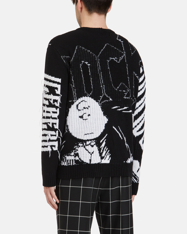 Men's black crew neck merino wool pullover with contrasting Charlie Brown graphics - Iceberg - Official Website