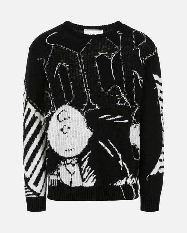 Men's black crew neck merino wool pullover with contrasting Charlie Brown graphics - Iceberg - Official Website