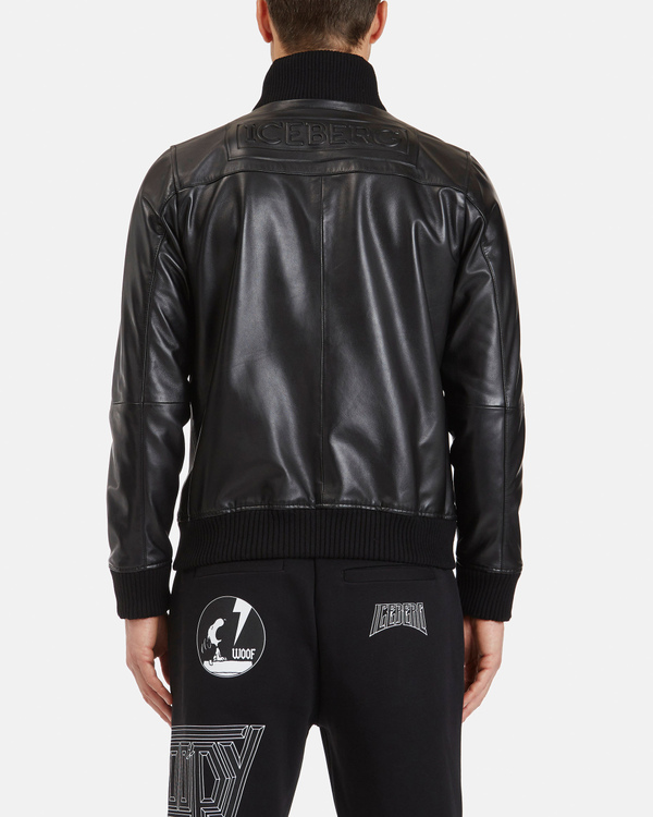 Men's black leather bomber jacket with embossed logo - Iceberg - Official Website