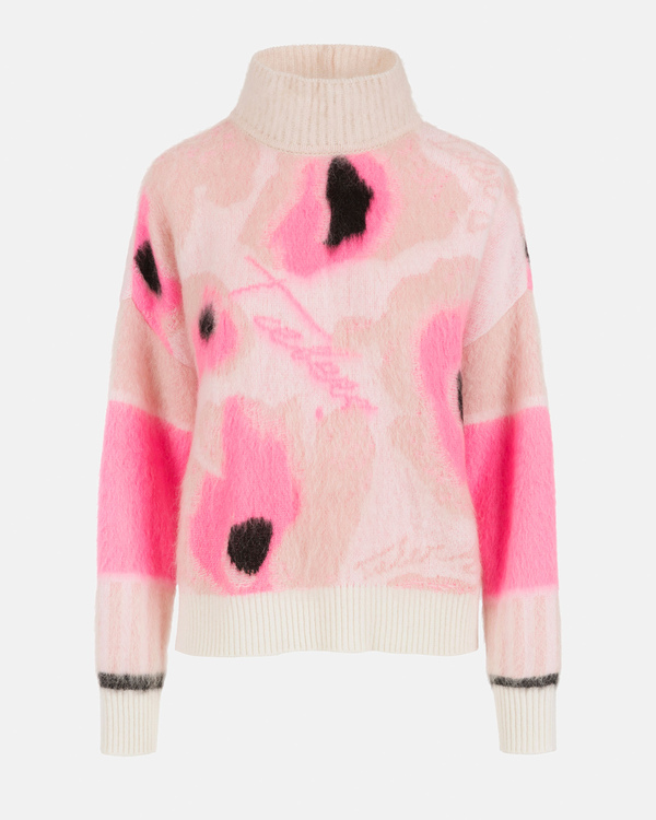 Women's cream turtleneck relaxed fit sweater with dropped shoulders and an abstract floral pattern - Iceberg - Official Website