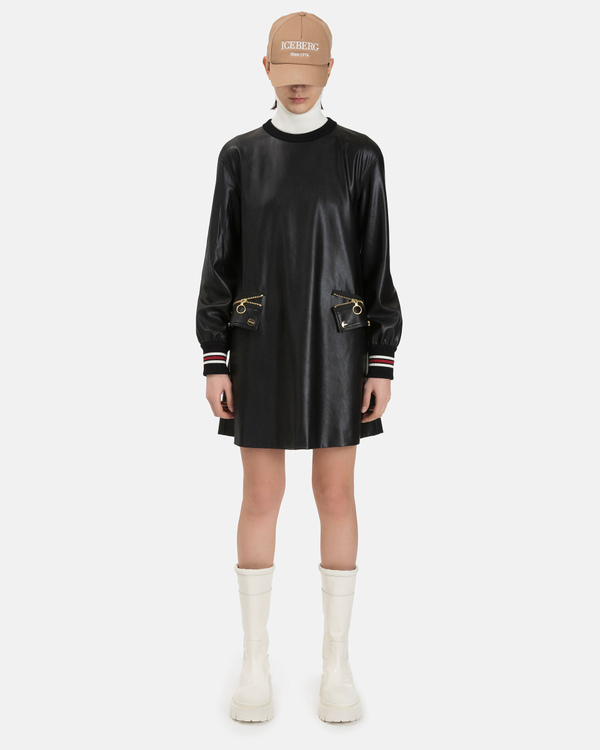 Women's black stretch faux leather a-line dress with knit detailing, gold flap pockets and zips - Iceberg - Official Website