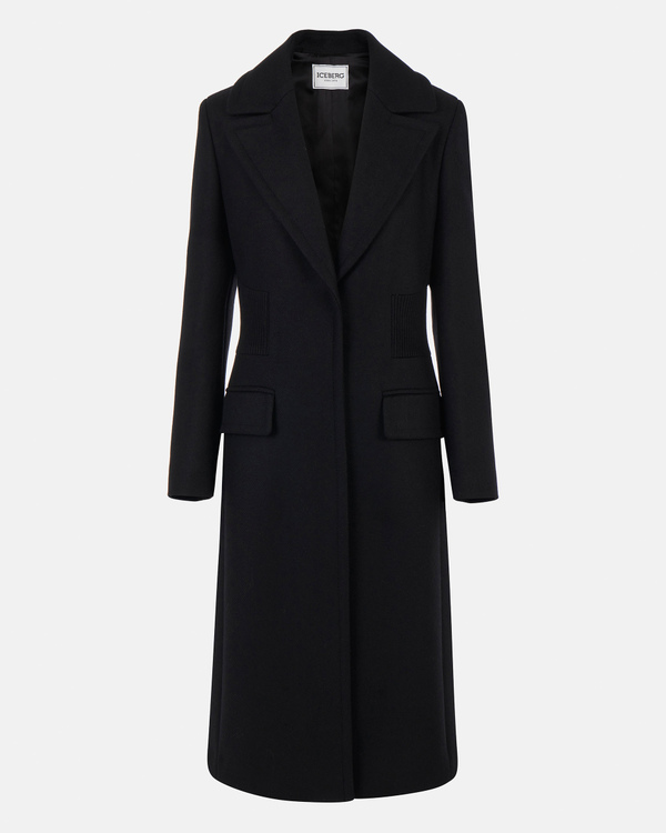 Women's black wool blend regular fit coat with press studs and logo piping - Iceberg - Official Website