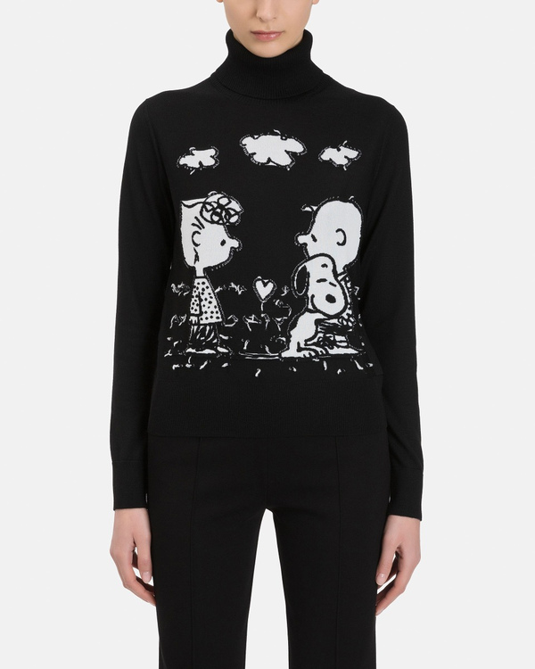 Lupetto donna nero in lana merinos con grafica a contrasto Love Peanuts - Iceberg - Official Website