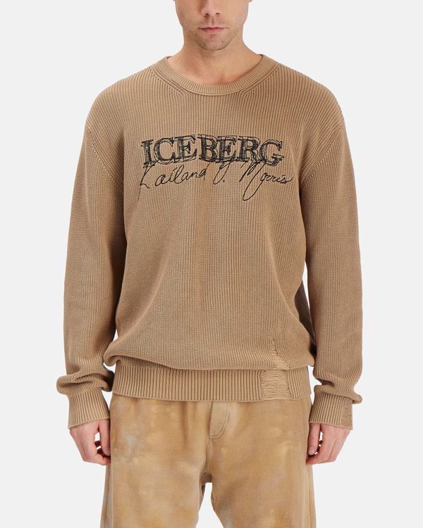 Pullover uomo color nocciola KAILAND O. MORRIS con logo ricamato - Iceberg - Official Website