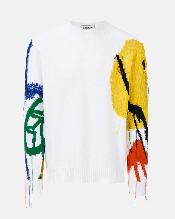 Men's white cotton crew neck sweater with blurry flowers macro graphics - Iceberg - Official Website