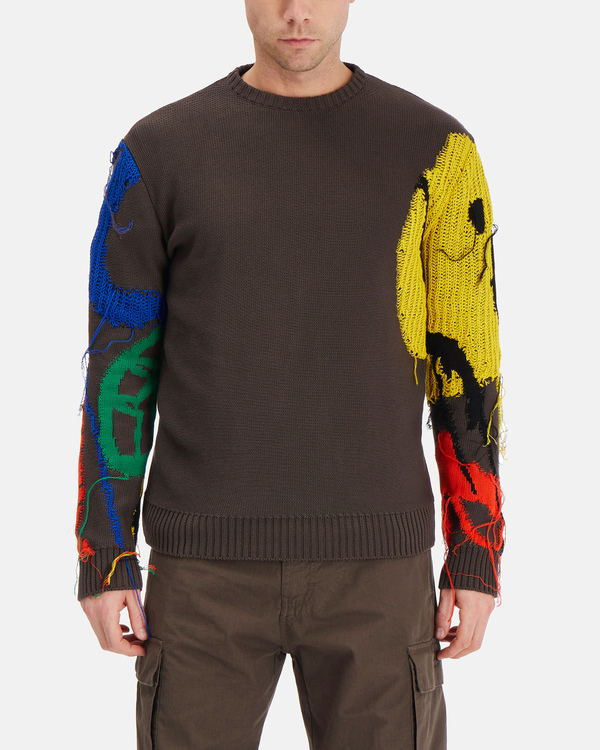 Men's dusty brown crew neck pullover with multicolour motif - Iceberg - Official Website