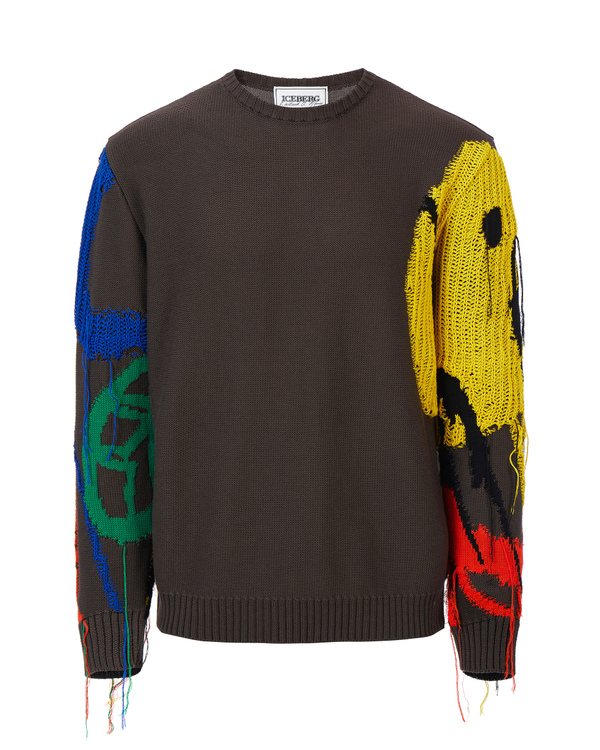 Men's dusty brown crew neck pullover with multicolour motif - Iceberg - Official Website