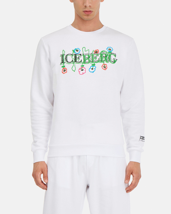 Men's regular fit white cotton crew neck sweatshirt with Iceberg Blurry Flowers 3D effect embroidery - Iceberg - Official Website