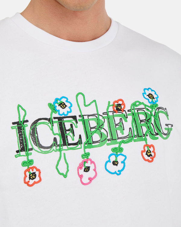 Felpa a girocollo da uomo regular fit bianca in cotone con ricamo Iceberg Blurry Flowers effetto 3D - Iceberg - Official Website