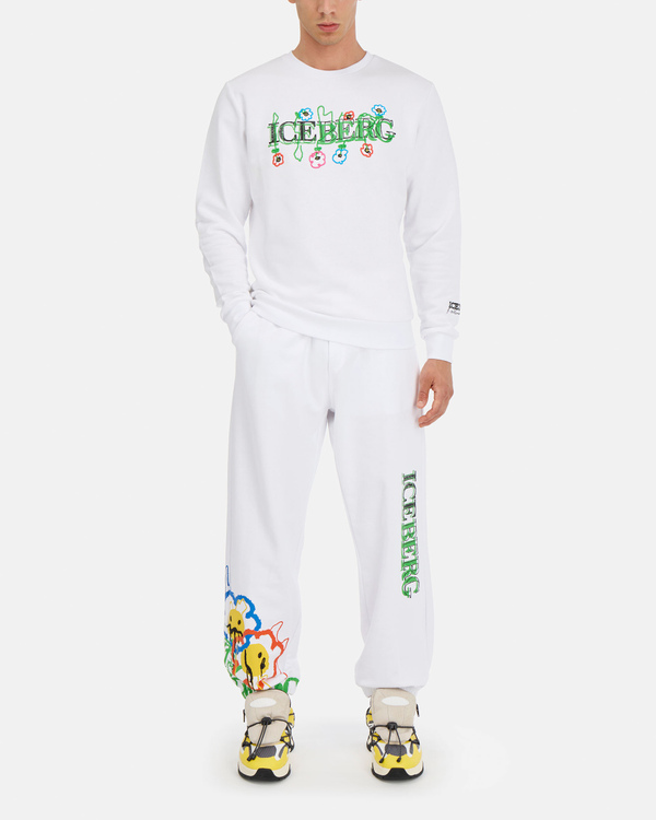 Men's regular fit white cotton crew neck sweatshirt with Iceberg Blurry Flowers 3D effect embroidery - Iceberg - Official Website