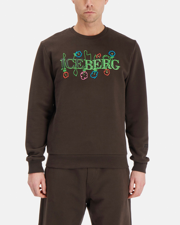 Men's brown KAILAND O. MORRIS crew-neck sweatshirt with embroidered logo - Iceberg - Official Website