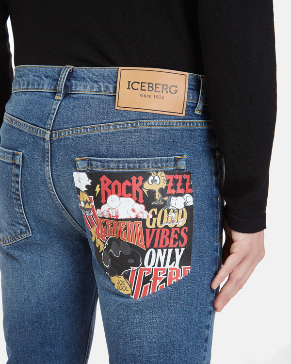 Jeans uomo blu skinny fit con stampa Iceberg Rocks Peanuts sulla tasca posteriore effetto scomposto - Iceberg - Official Website