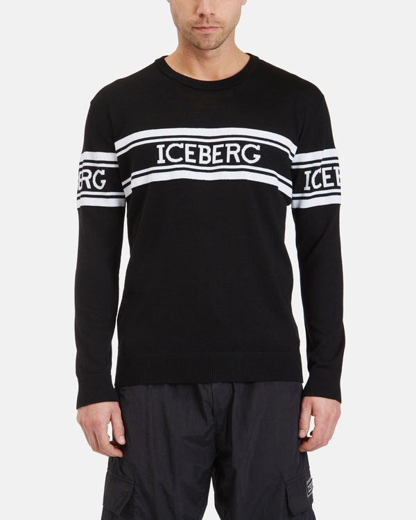 Pullover uomo nero con inserti in cotone e fascia logata a contrasto - Iceberg - Official Website