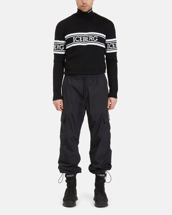 Pullover uomo nero con inserti in cotone e fascia logata a contrasto - Iceberg - Official Website