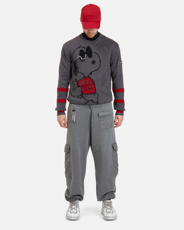 Pullover uomo grigio melange con ricamo Snoopy, bande e logo a contrasto - Iceberg - Official Website