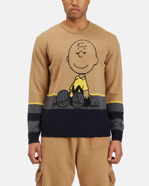 Pullover uomo beige con ricamo Charlie Brown e bande a contrasto - Iceberg - Official Website