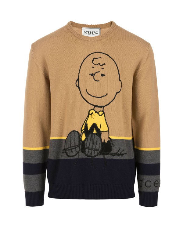 Pullover uomo beige con ricamo Charlie Brown e bande a contrasto - Iceberg - Official Website