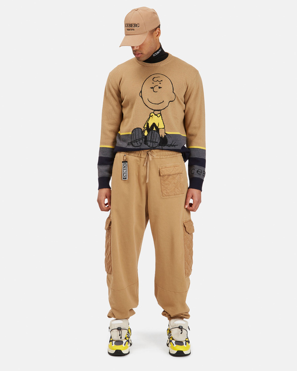 Men's beige crew neck merino wool pullover with Charlie Brown graphics - Iceberg - Official Website