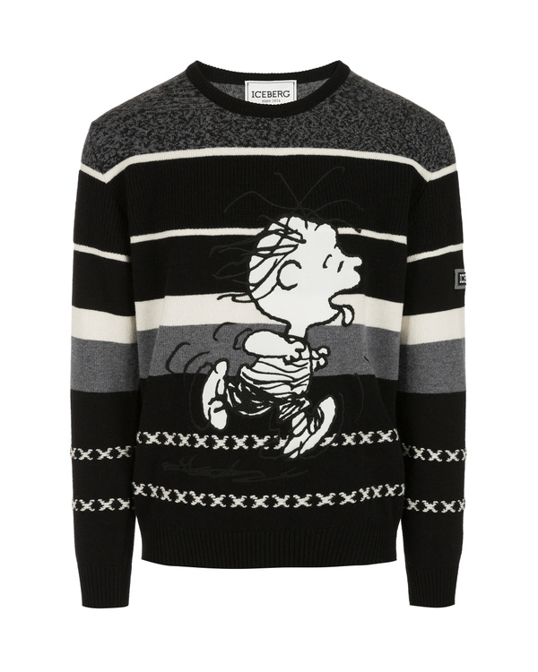Men's grey and black striped lambswool crew neck pullover with Linus graphics - Iceberg - Official Website