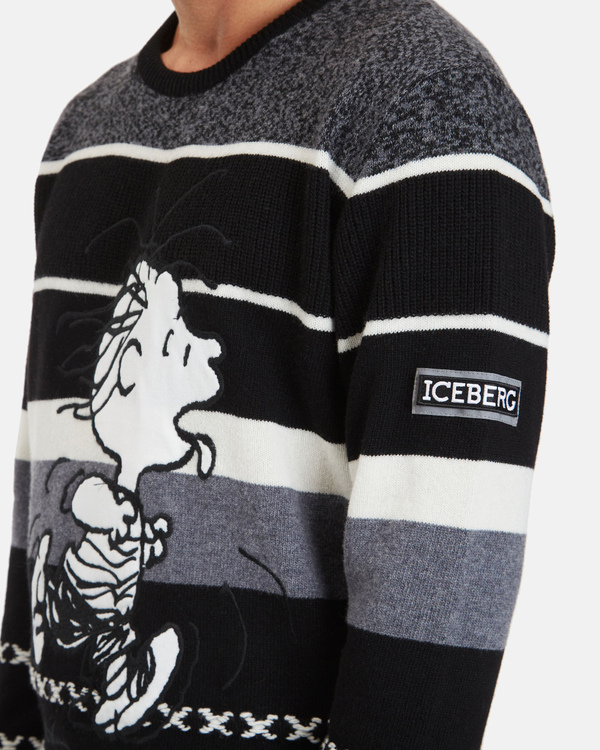 Men's grey and black striped lambswool crew neck pullover with Linus graphics - Iceberg - Official Website
