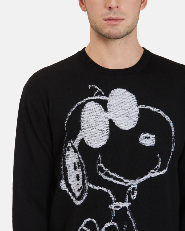 Men's black crew neck merino wool pullover with Snoopy graphics - Iceberg - Official Website