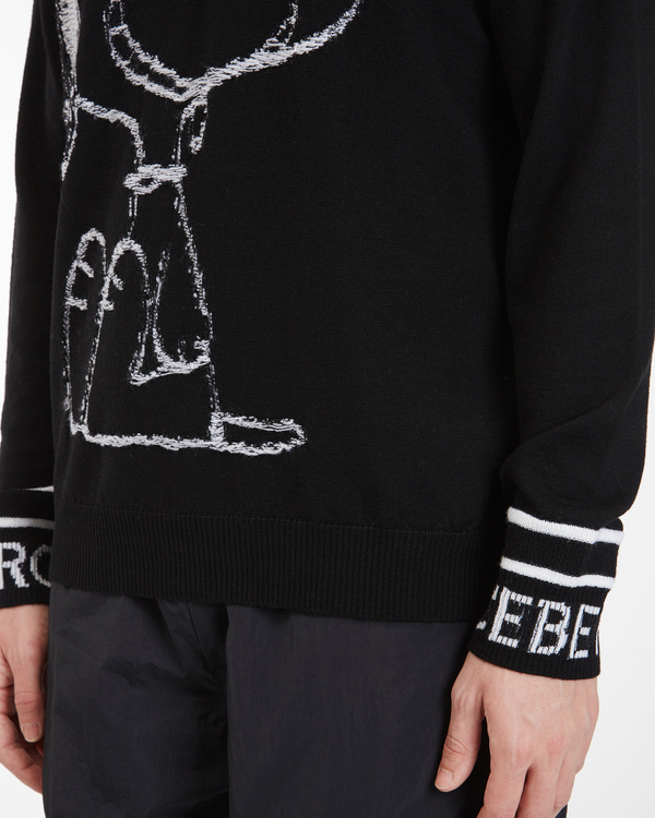 Men's black crew neck merino wool pullover with Snoopy graphics - Iceberg - Official Website