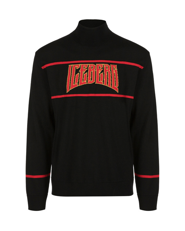 Men's black turtleneck merino wool pullover with contrasting logo - Iceberg - Official Website