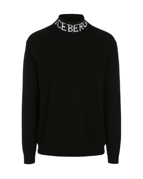 Men's black turtleneck merino wool pullover with contrasting logo on neck - Iceberg - Official Website