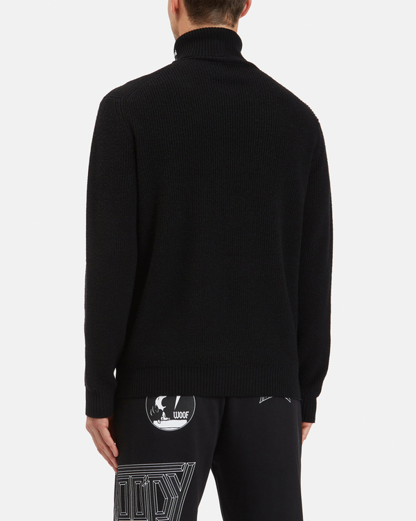 Men's black turtleneck merino wool pullover with contrasting logo on neck - Iceberg - Official Website