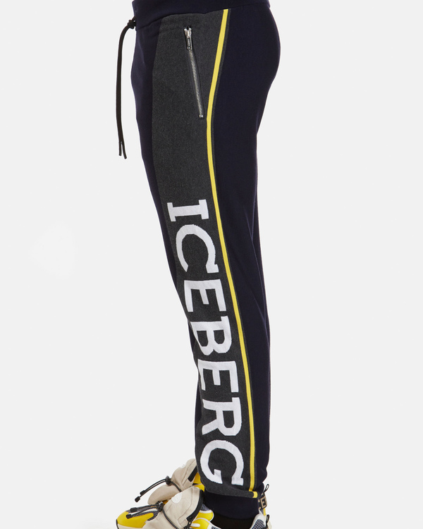 Pantaloni sportivi uomo neri in lana merinos con logo a contrasto - Iceberg - Official Website