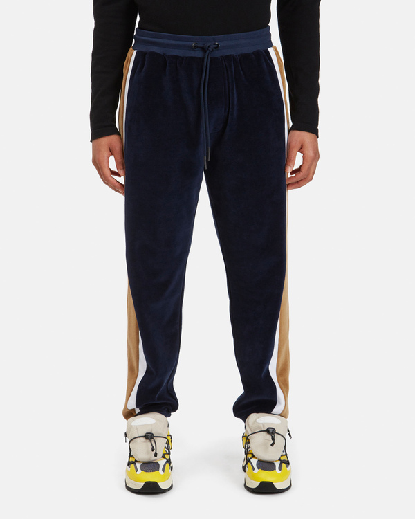 Men's black regular fit jogging pants in cotton chenille with contrasting beige and white stripes - Iceberg - Official Website