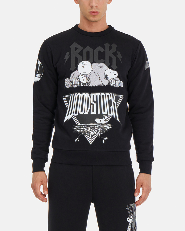 Black extreme fit men's crew neck sweatshirt with contrasting "ICEBERG ROCKS PEANUTS" print - Iceberg - Official Website