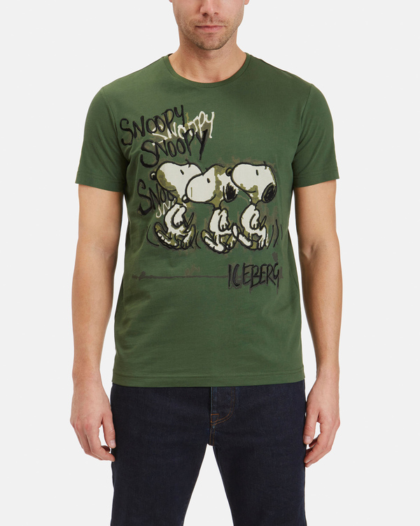 T-shirt uomo verde militare con grafica Snoopy e logo stampato - Iceberg - Official Website