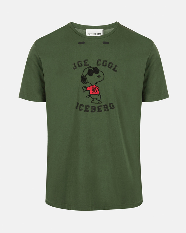 T-shirt uomo verde militare con ricamo Snoopy e dettaglio di asole per auricolari - Iceberg - Official Website