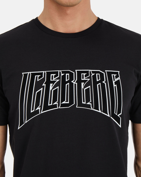 Black men's stretch cotton t-shirt with iridescent logo patch - Iceberg - Official Website